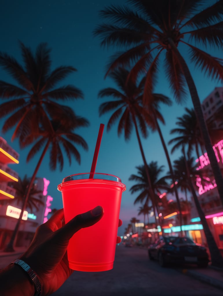 hyper realistic neon palette, highly detailed Miami beach at nighttime, black hand holding a red plastic cup, exotic watch, palm trees, unreal engine, octane render, cinematic lighting, y2k, bright colors, hyper realistic, low angle, 16k, 8K UHD, 8K texture, cinematic, rim lighting, neon palette, color theory, dramatic, volumetric lighting, 35 mm, in focus, unreal engine, highly detailed, octane render, ultra-high resolution.