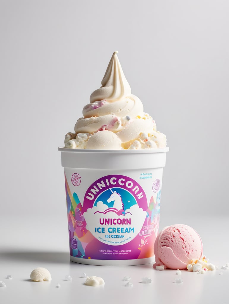 A layout of a packaging for a container of unicorn ice cream. young people