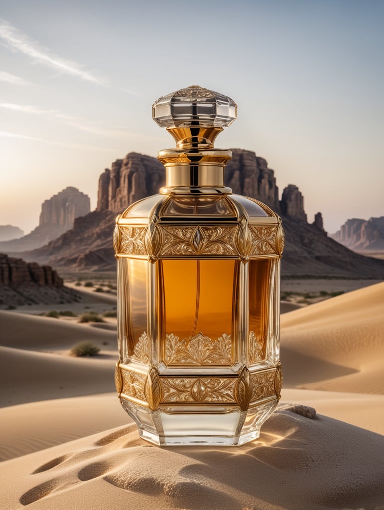 professional photography of a luxury perfume bottle in the desert, no label, clear, mockup