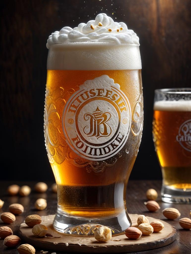 stunning interpretation of one pint of beer, beer swirl inside glass, one inch of white foam on top, transparent beer, frozen glass, small stainless steel saucer with peanuts, advertisement, highly detailed