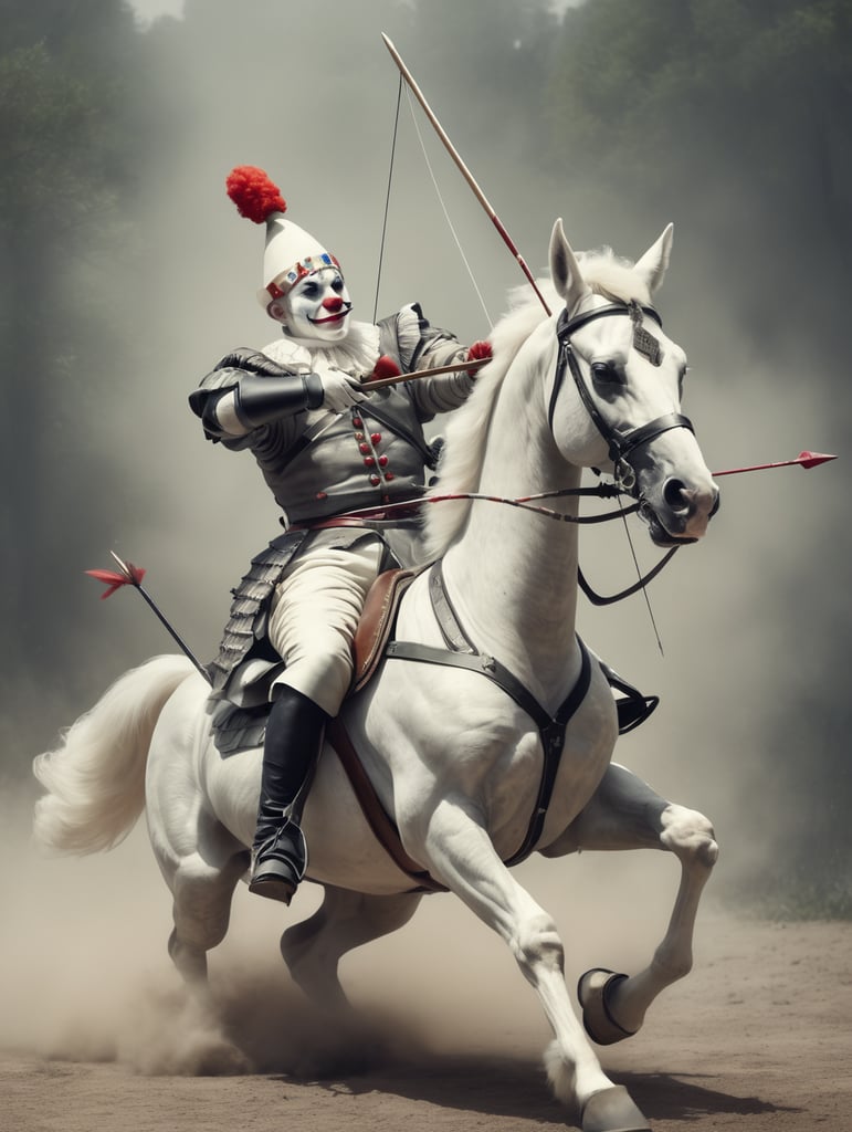 Pierrot clown riding a horse firing a bow and arrow