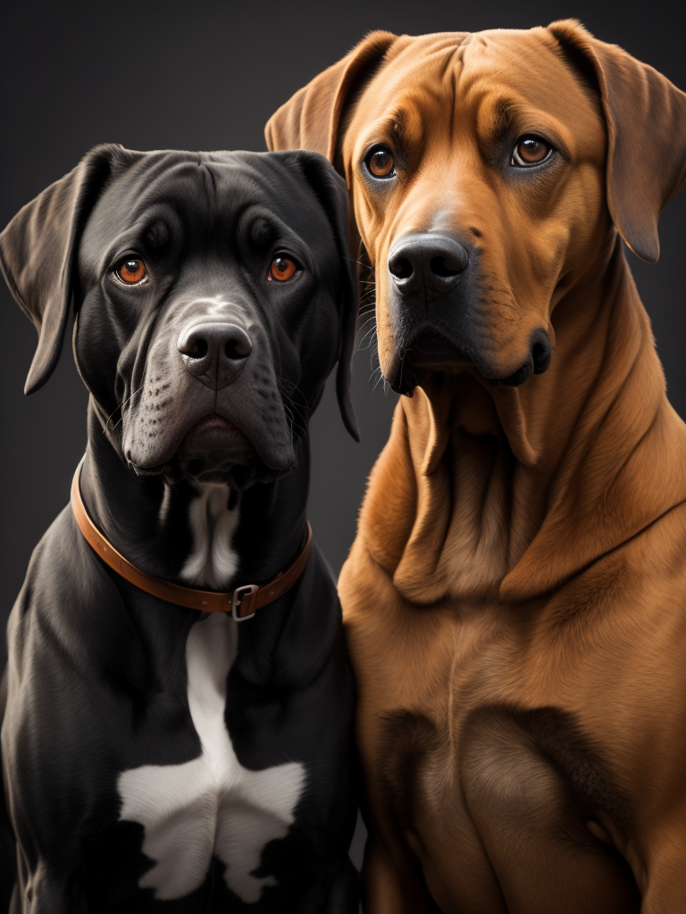 create a portrait of 2 dogs, one is a black cane corso and amstaff mix, the other one is a mix between a setter and a cocker, reddish hair