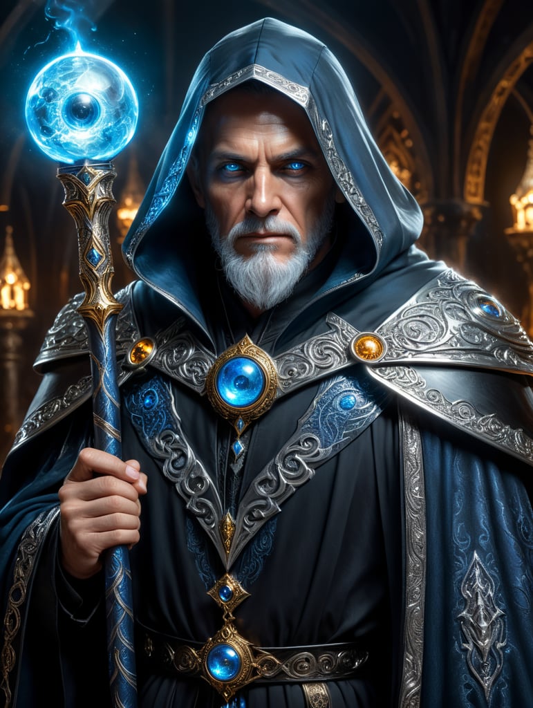 Halfing wizard divination silver starry black cloak gold eyes black and silver staff with blue glowing orb