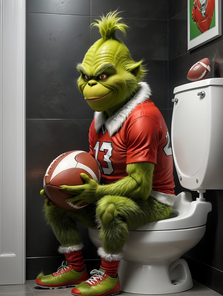 Profile side of The Grinch wearing a football jersey, he has an evil grin and he is sitting on a toilet bowl in the shape of a football helmet, 1980s Cartoon style