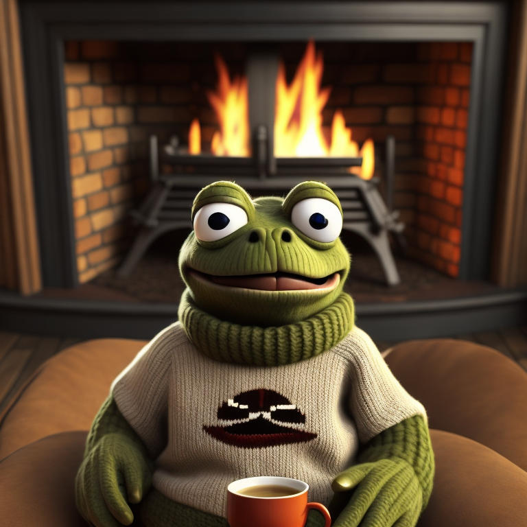 A tiny pepe the frog sipping tea wearing a cozy knit sweater by the fireplace