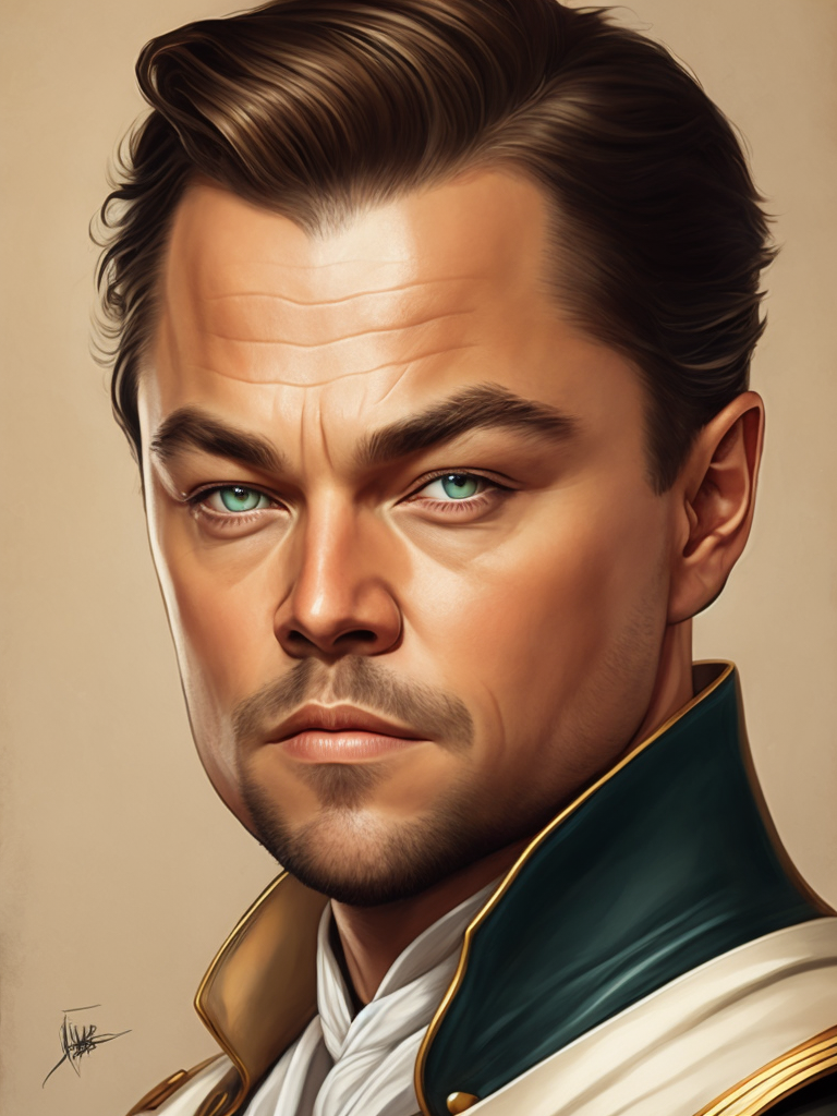 Portrait of Leonardo DiCaprio as a 17th century ship captain, Detailed uniform, Brass buttons, gradient background, contrasting light, detailed face, muted tones