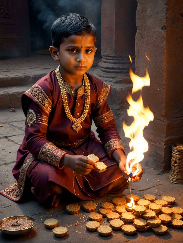 indian kid with traditional dress burning crackers