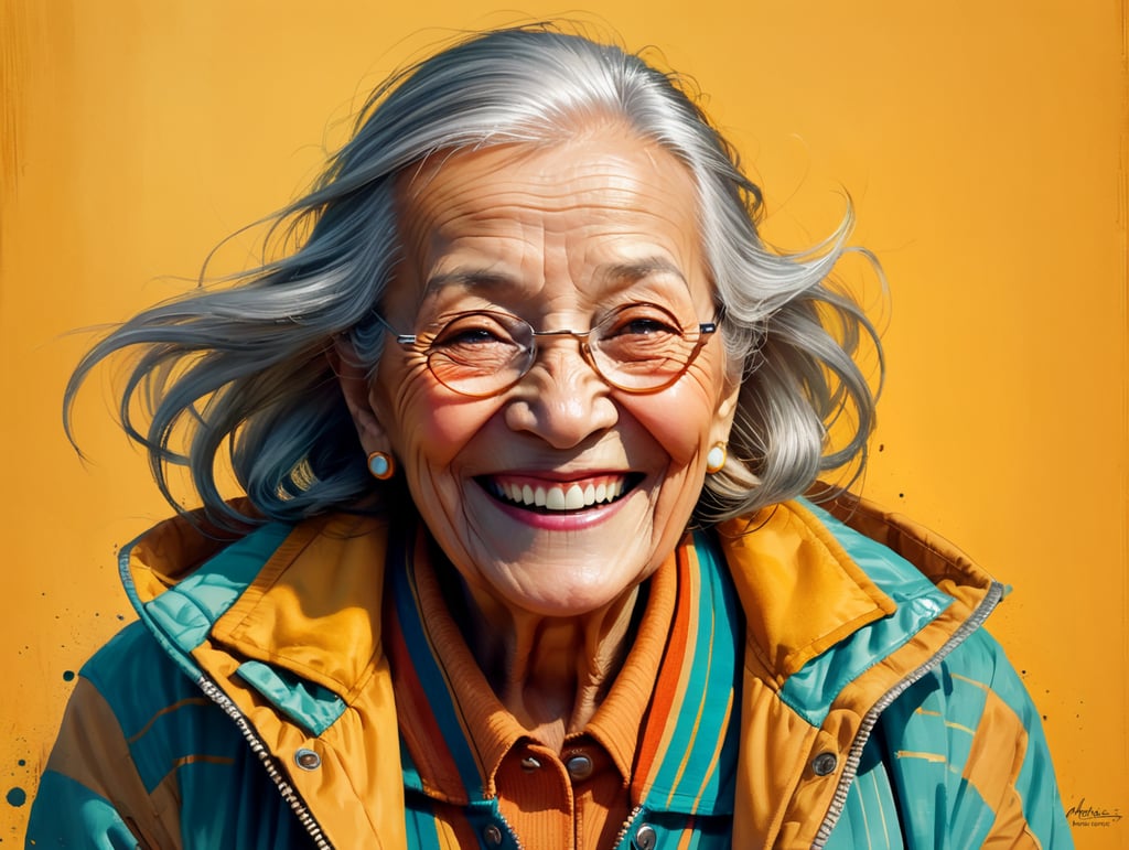 Smiling and cheerful old lady in a striped jacket on an isolated yellow background