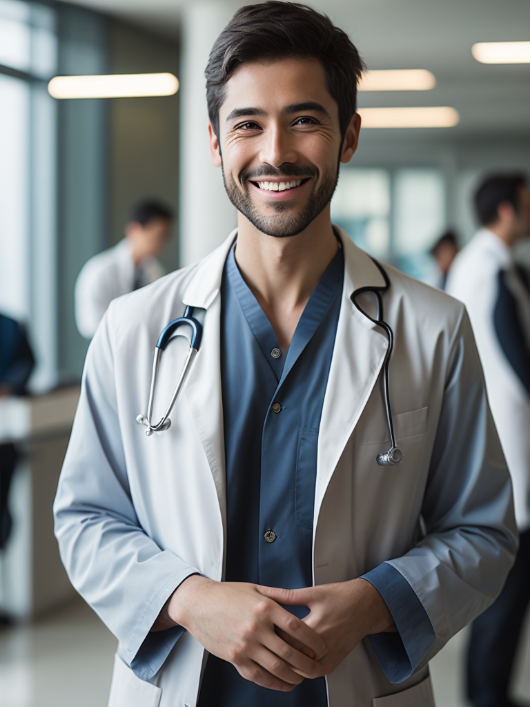 happy doctor in hospital lobby, bright daylight, ultra-realistic, sharp focus, detail, 70mm, cinematic, film, realistic, photography