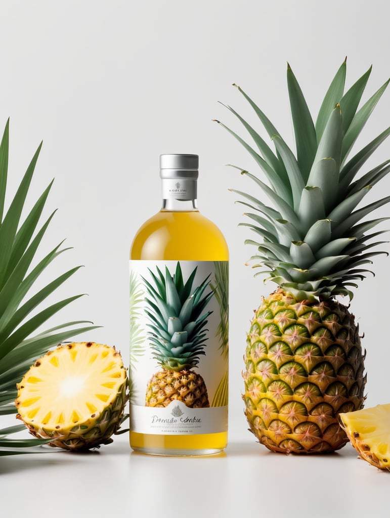 Packaging and branding for a pineapple vodka brand as if it had been designed by HI ESTUDIO with In a set design with pineapple, pineapple leaves, mockup