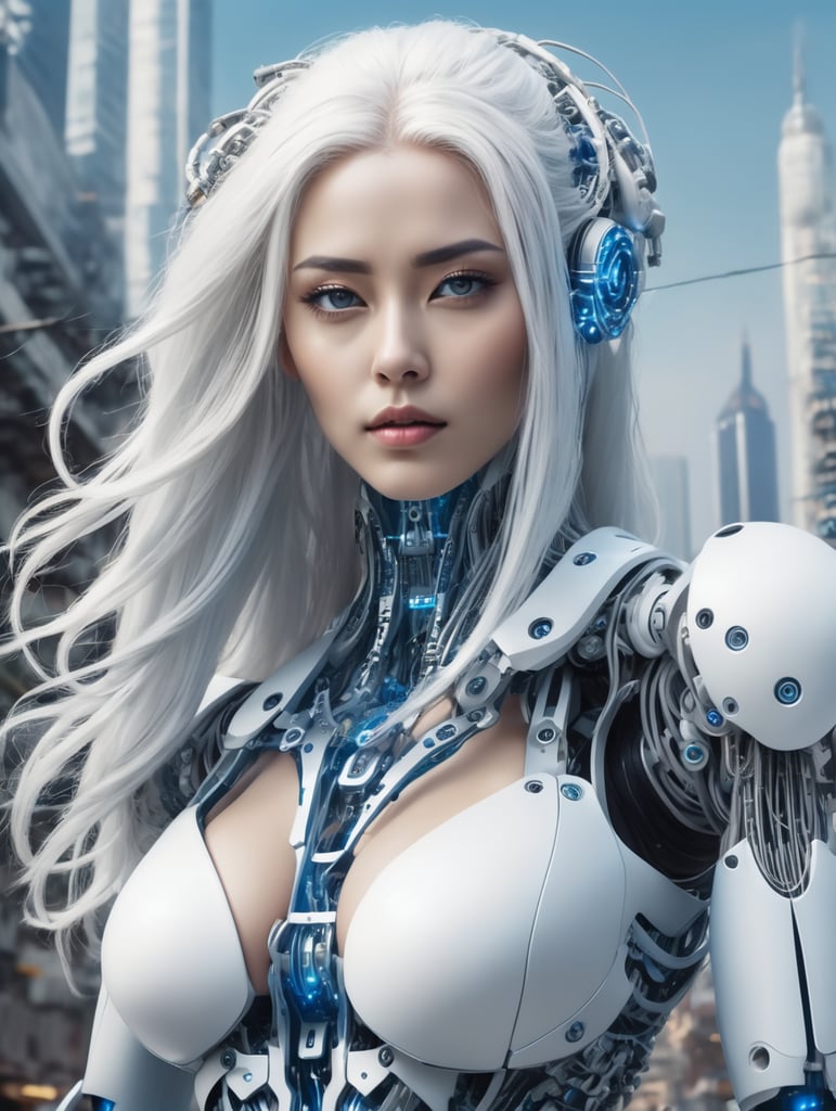 sci-fi cyberpunk woman posing from the side, full body, white long hair, serious face, action pose, robot cables going in head, robot parts in silver, white and blue, sci-fi city background