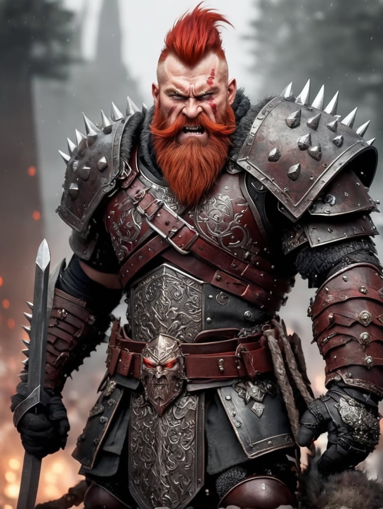 dark fantasy, dwarf barbarian, red hair, tall mohawk, long beard, red beard, spiked armor, angry face