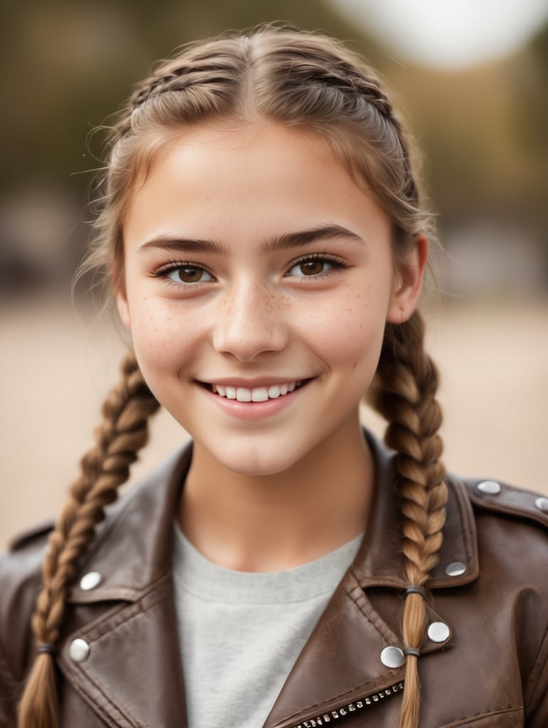 Seventeen year old female, light brown hair in french braids, freckles, brown eyes, wearing a leather jacket, short stature, average build, shy smile