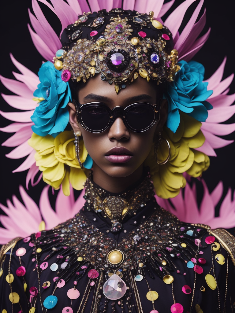 insane bizzare eyeglasses, crystals, bright, colorful rgb, dream world, Alexander McQueen Glazier demonic boy, monster face, vampire, horrific, arty pose, fashion, massive huge jewelry, precious gems, massive pearls, giant white diamonds, retrofuturistic, crystal, marble, glass, floral, massive big flowers, gem flowers, hyper neon glow, dark, moody, diaphanous layered ultra haute couture, high definition, high resolution, bold vibrant colors , volumetric lighting, 8k, 3d rende, style by dior, style by channel, by Jimmy Marble and Takashi Murakami