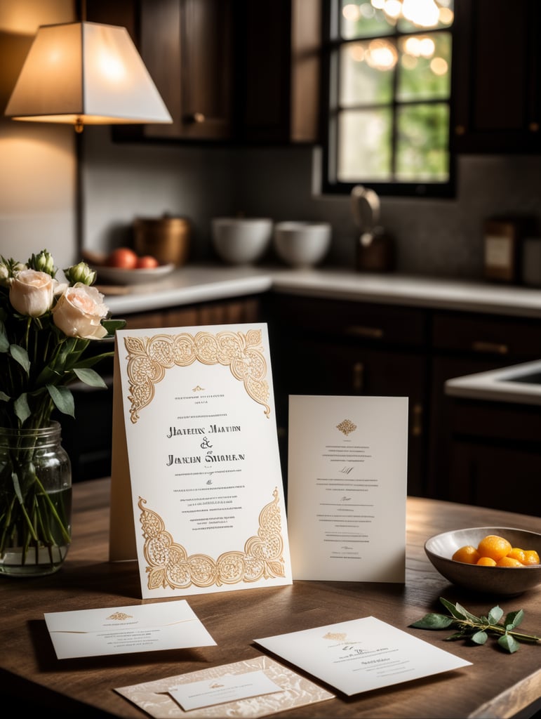 wedding invitation on the kitchen bench. nice moody light