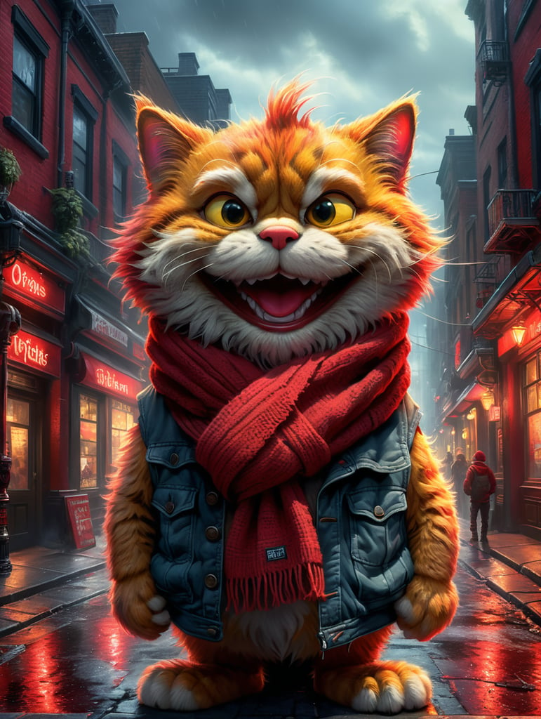 A cute flufy Garfield, standing outside wearing a red scarf,on a dystopian street, photorealistic urban punk, dark atmosphere with bright accents, contrast lighting.