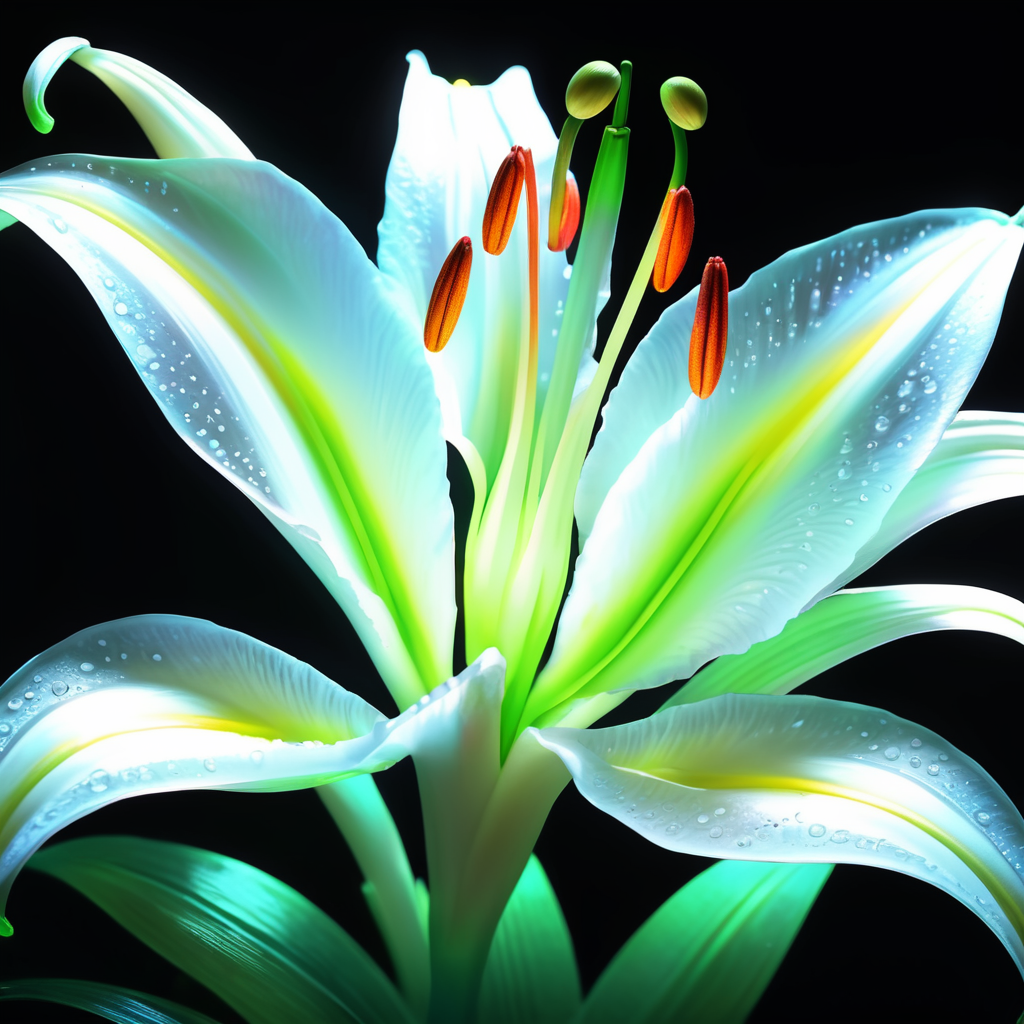 bioluminescent white flower Lily, hyper detailed rendering, 4k, magic light, neon watercolours