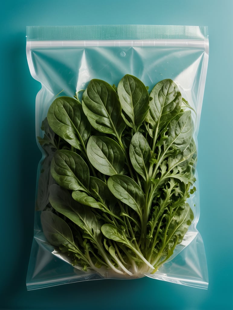 blank Transparent Plastic bag with Arugula Salad, isolated, cyan background, Mockup, mock up
