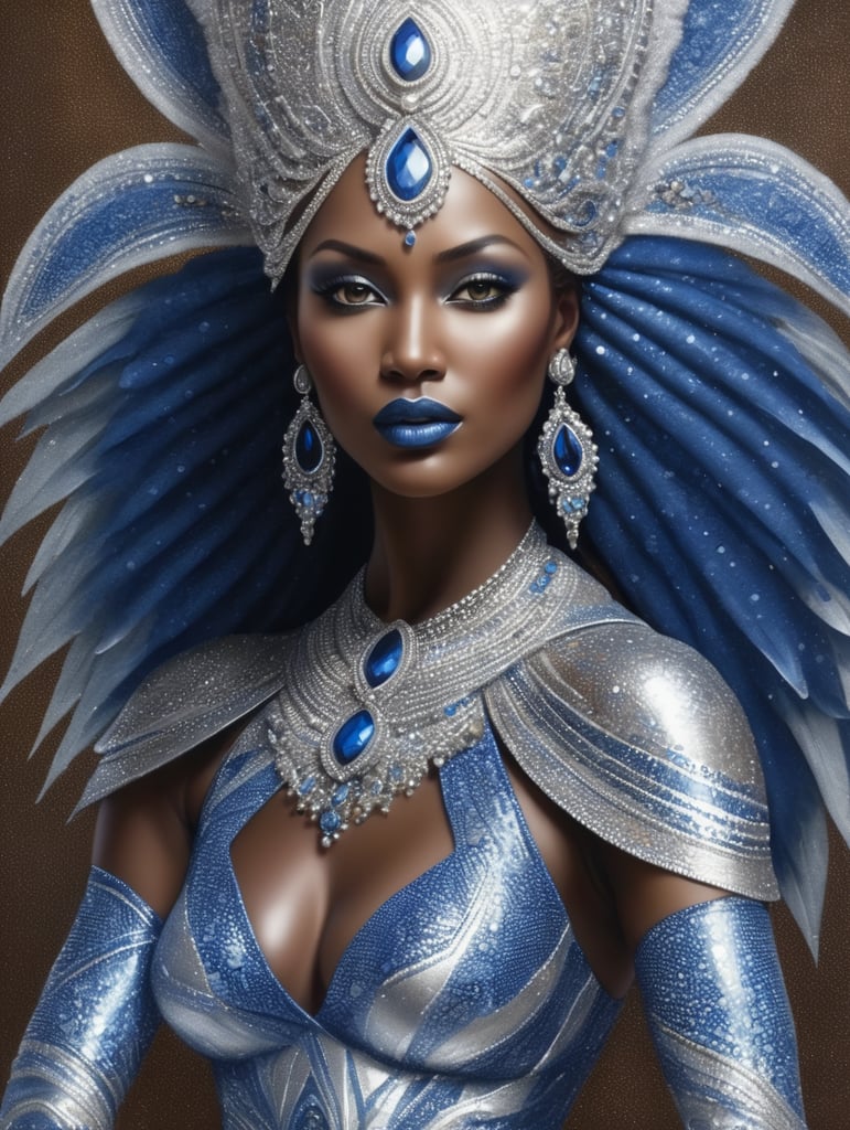 a ed woman in blue and silver looks like she has some white on, in the style of nene thomas, enoch bolles, dark silver and brown, pointillist optical illusions, african influence, hyper-realistic water,