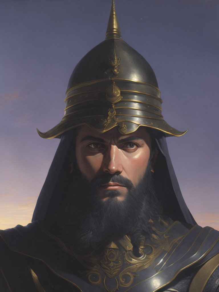stunning three-quarter portrait of a hammurabi warrior radium radish, background onion dome temple, blue hour, cherenkov glow, highly detailed, by Donato Giancola, Hyacinthe Rigaud, N.C. Wyeth, Nicolas de Stael