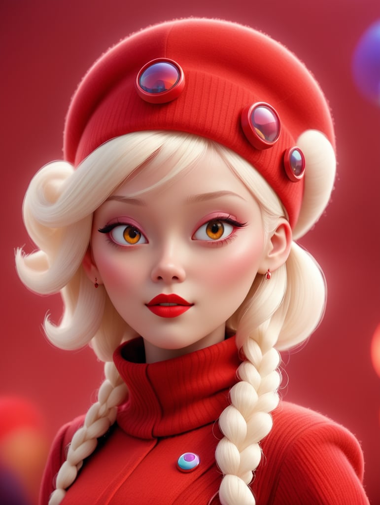 An ethereal albino pop artist in a red sleek futuristic outfit, with a wool beret, light makeup with depth of field, fantastical edgy and regal themed outfit, captured in vivid colors, embodying the essence of fantasy, minimalist, photography 8k resolution image.