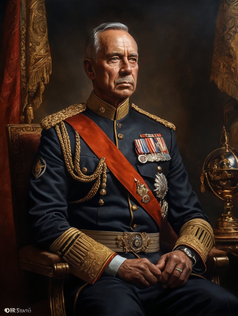 Classical portrait of royalty in uniform. Dramatic lighting. Oil paint texture, high quality.