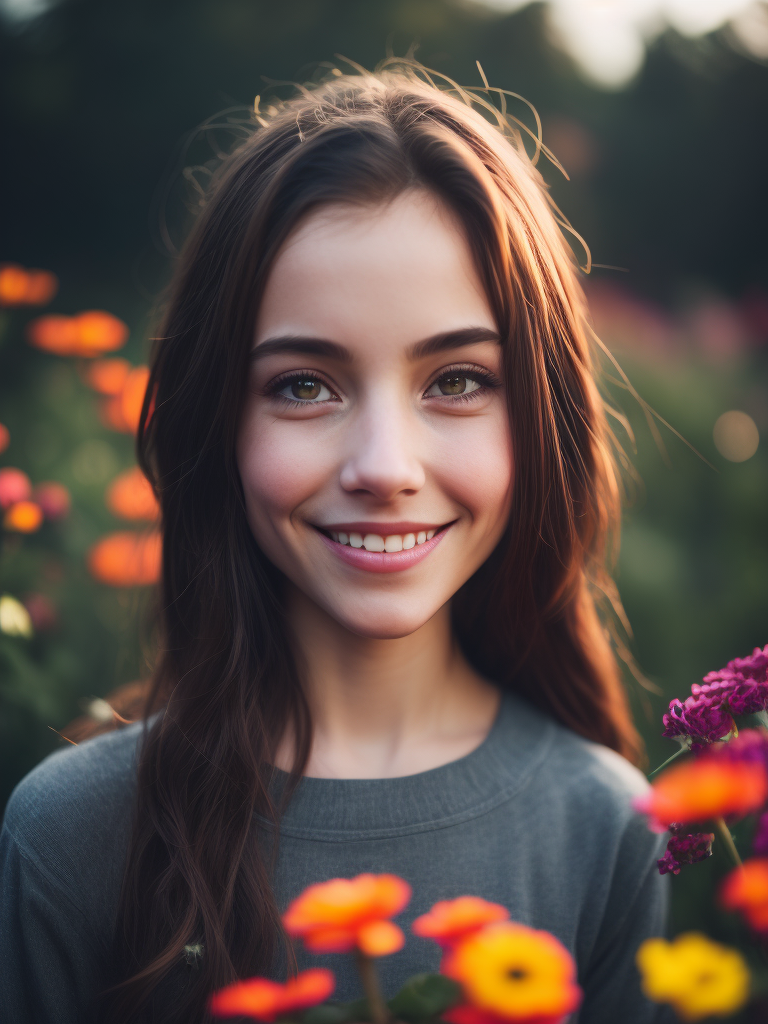 closeup portrait of a cute 1girl, fun mood, smiles, flowers around, flares