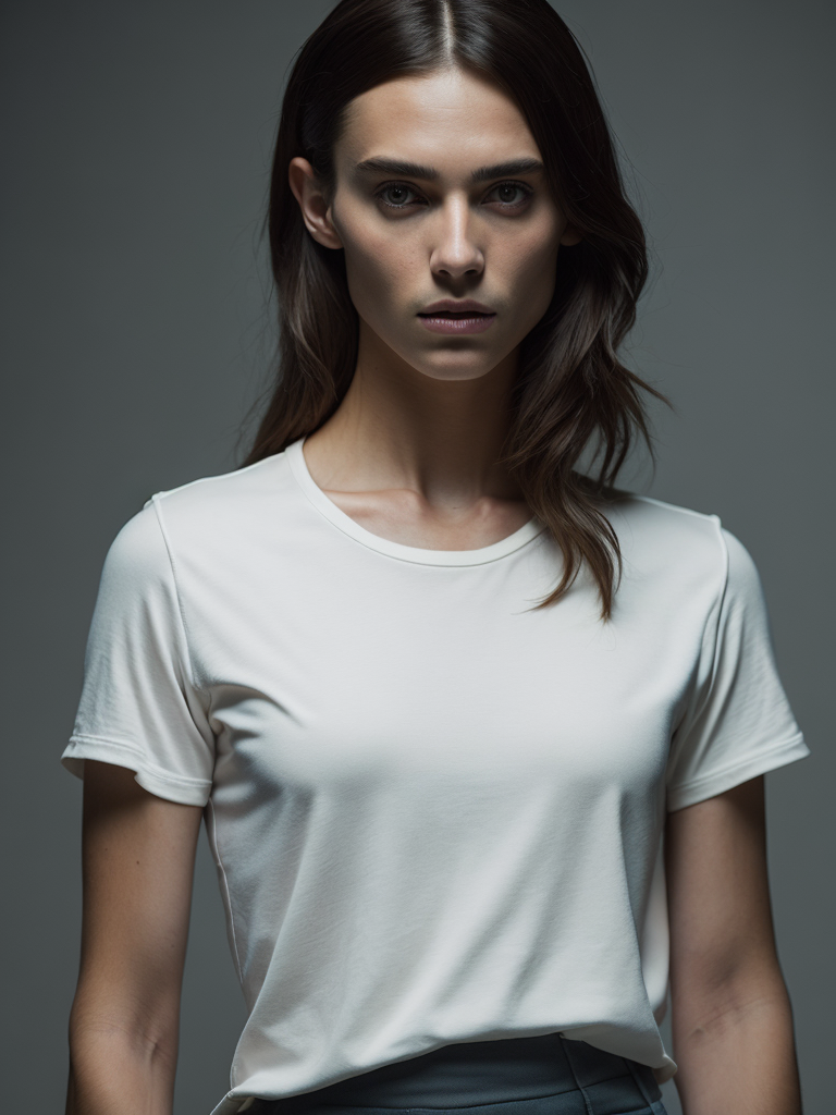 a torso of a man wearing a white t-shirt, front view, grey background