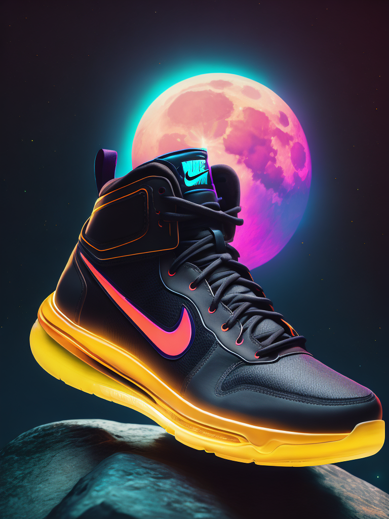 Illustration of a nike sports shoe in neon lights on a rock at night with moon light, bright and saturated colors, highly detailed, sharp focus, fashion magazine style