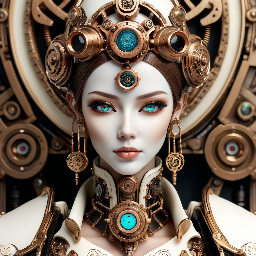 steampunk android, detailed face, highly detailed and intricate, ivory color, hyper-maximalism, bronze ornate, luxury