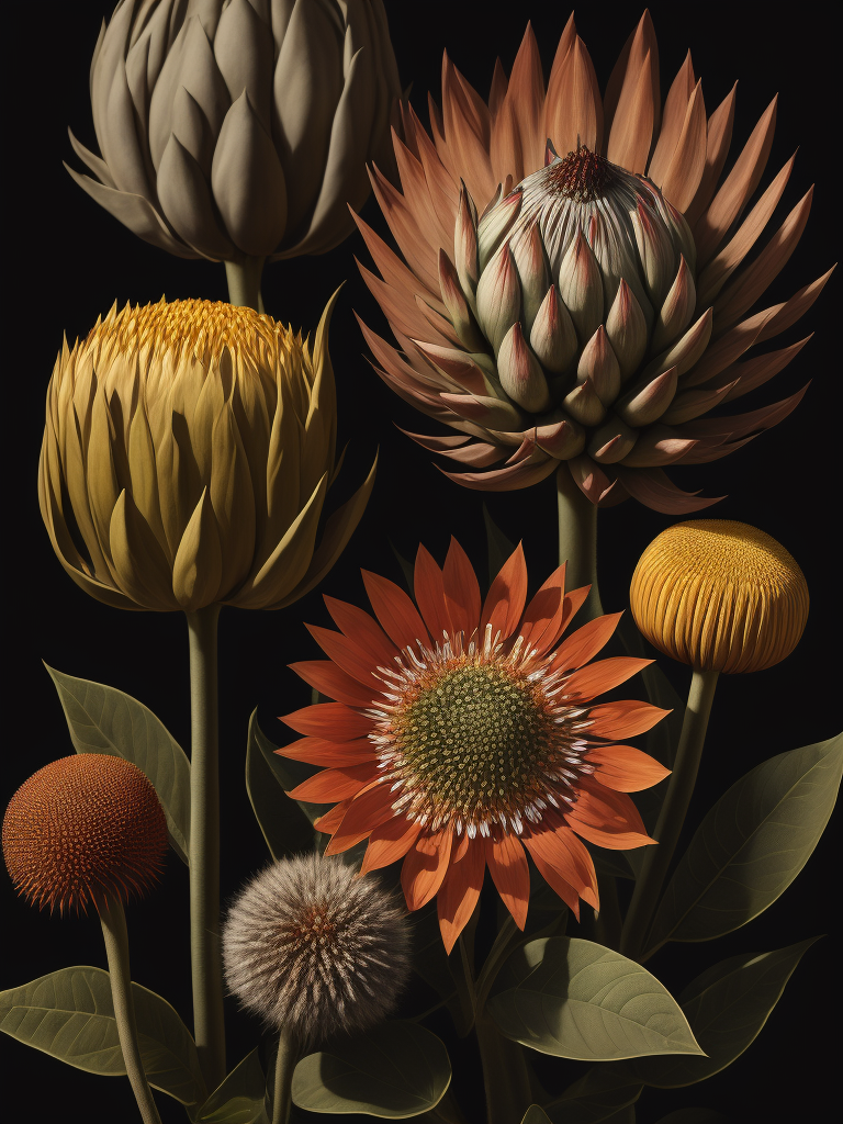 Detailed king proteas and pincushions against a black backdrop by martin johnson heade, artstation