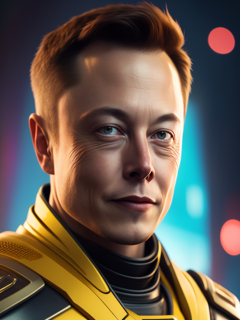 Elon musk as Irom man, bright saturated colors, Professional photo, Focus on the face, clear face details, Blurred Bokeh Background