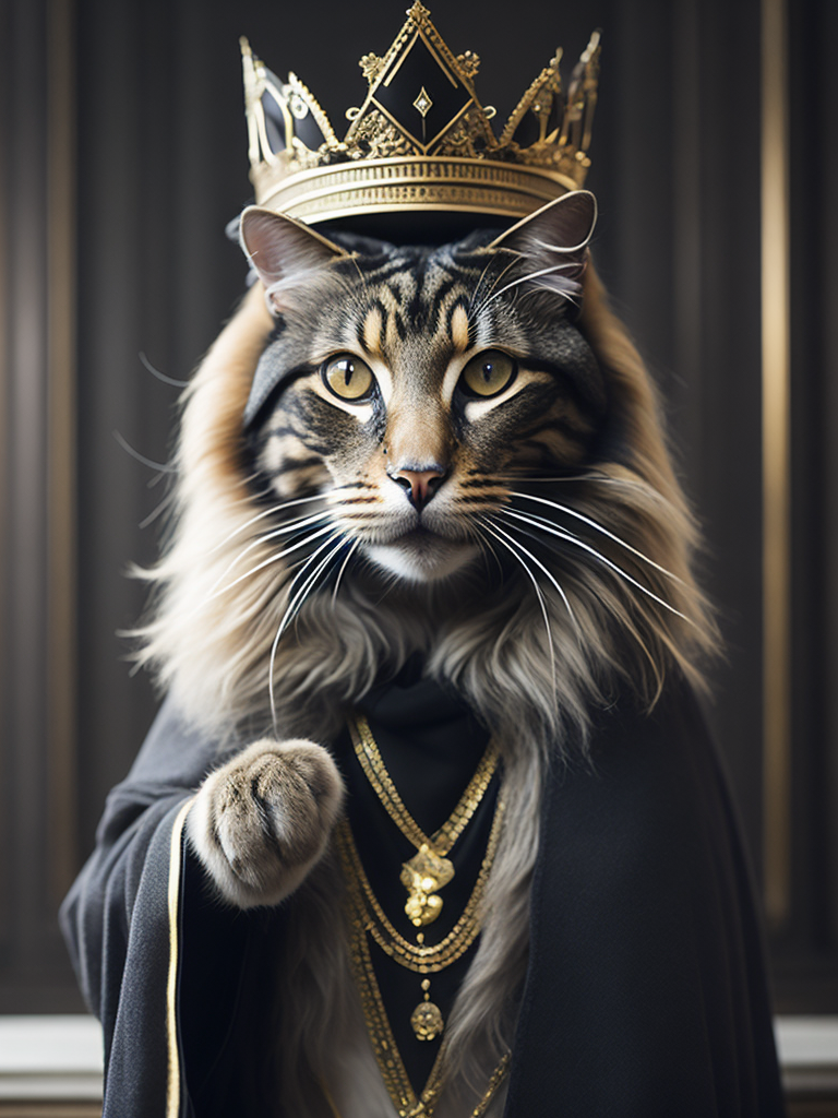 mainecoon cat with arabic fashion black cloak and gold crown in the Renaissance ottoman throne kingdom photo realistic illustration fashion islamic fashion fantasy hyperdetailed