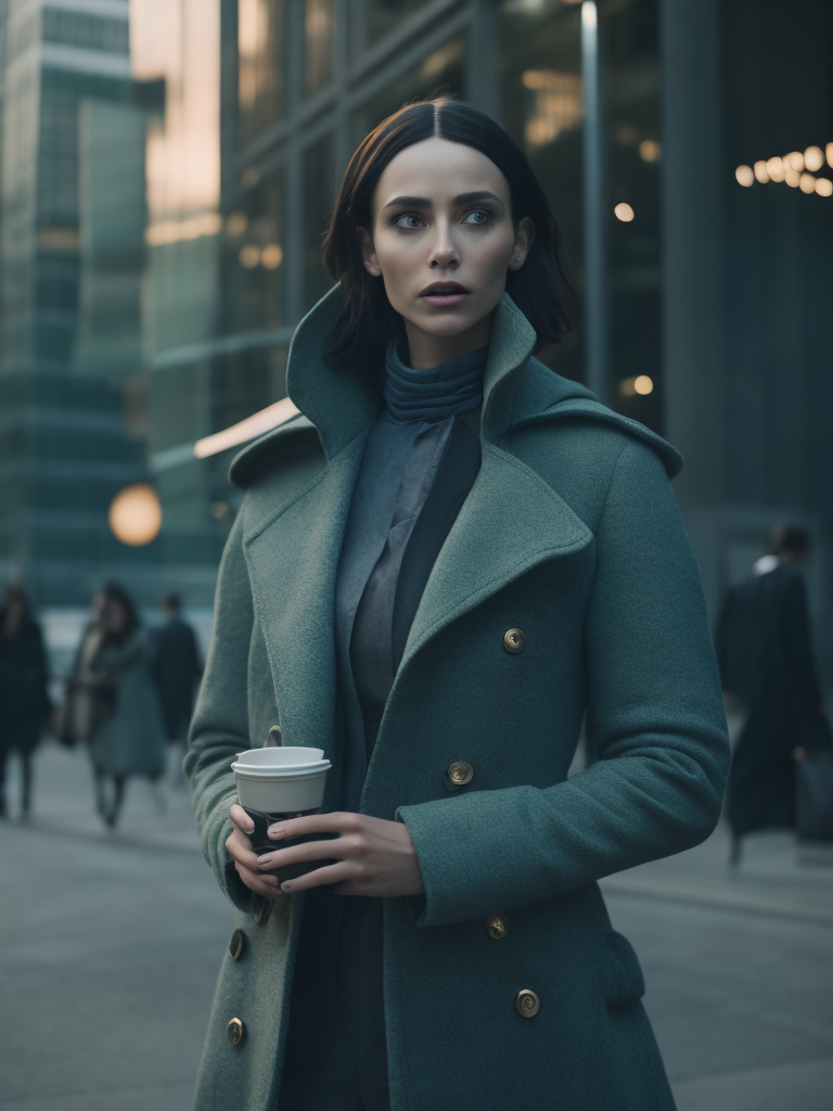 Haute couture fashion model drinking matcha tea, in the style of alexander mcqueen in front of futuristic building by gareth pugh