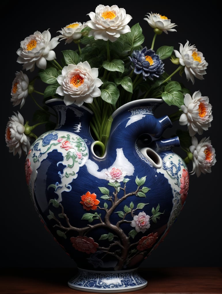 Chinese porcelain human heart vase, with flower