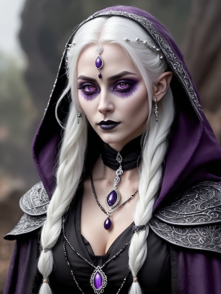 stunning elven drow woman with purple skin , long white hair pulled up into a half bun , solid white eyes with no pupil , wearing a black hooded cloak and rosary prayer beads made of iridescent beads , stunning detail , dark gothic color palate