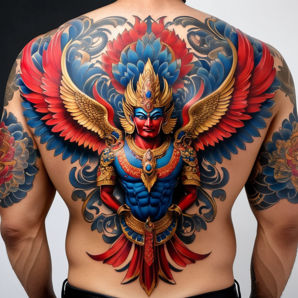tattoo, Garuda, Thai modern, full back, red, blue, gold, powerful, strong, majestic, protective, sacred