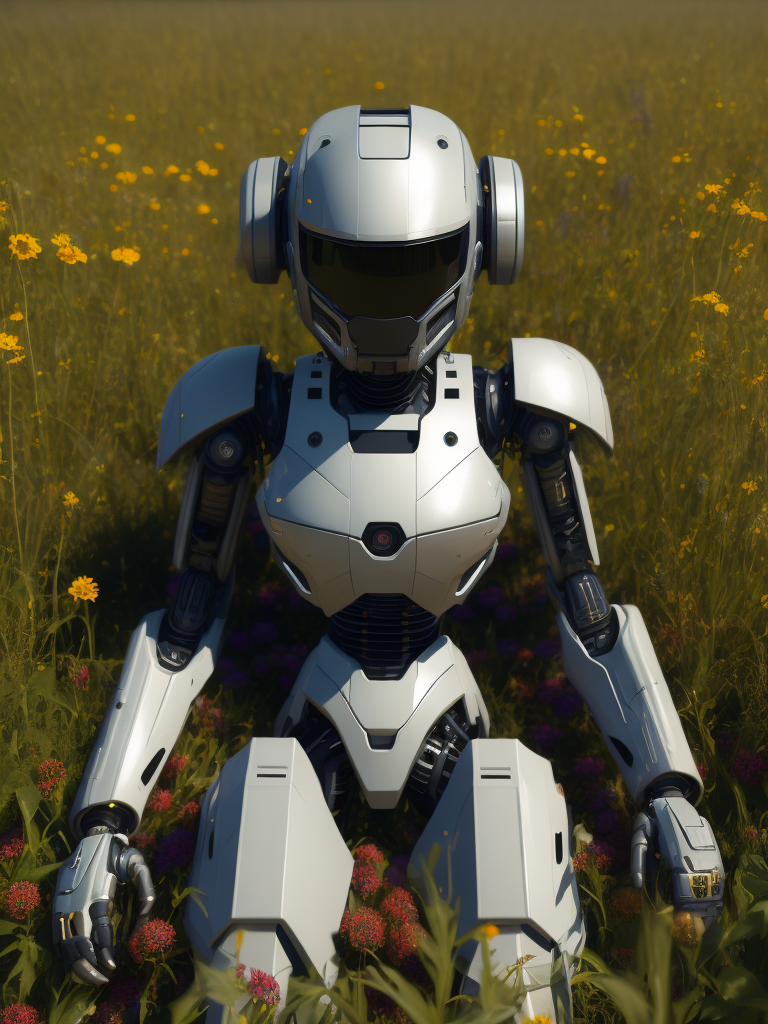 discarded broken full body female robot detached laying on ground in a field of wildflowers graphic style