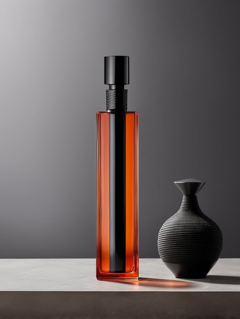 Very tall glass perfume bottle with close-knit vertical texture and metal black minimal stopper inspired by the architecture of Luis Barragan and vibrant, minimalist colors. A front view placed on a stone in a commercial photography design set