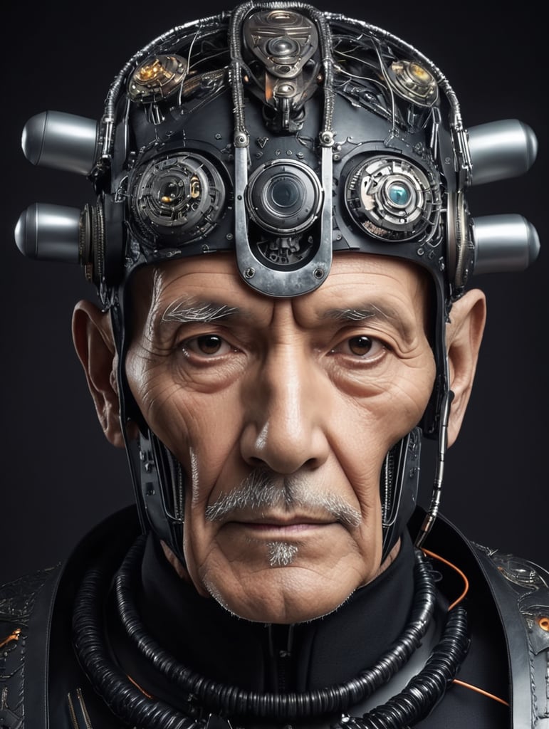 The image features a 100 years very old man with a unique appearance, wearing a headpiece that resembles a robot or a cyborg. The headpiece is made of metal and has various wires and cables attached to it, giving the man a futuristic and mechanical look. The man's face shows his age and is also covered in scars, adding to the overall intriguing and unusual appearance. The scene appears to be set in a dark environment, further emphasizing the mysterious and captivating nature of the man's appearance.