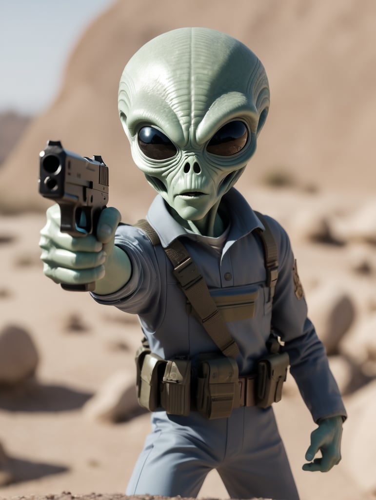 An alien pointing a Glock-19 at the camera