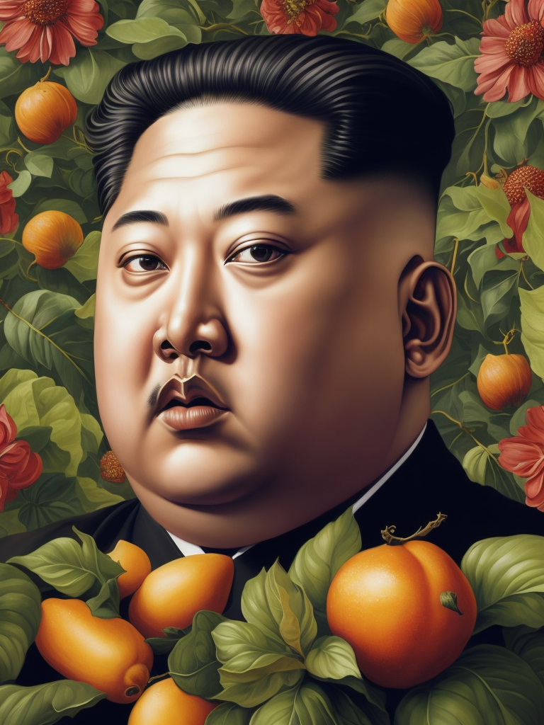 a painting of Kim Jong Un head surrounded by flowers and fruit, Painting, Oil, Still Life, Botanical, Italy, style of Giuseppe Arcimboldo