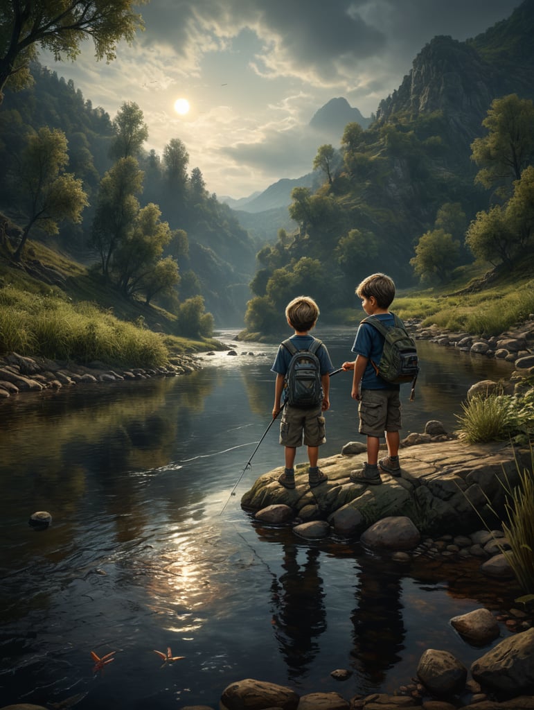 little boy fishing at a river