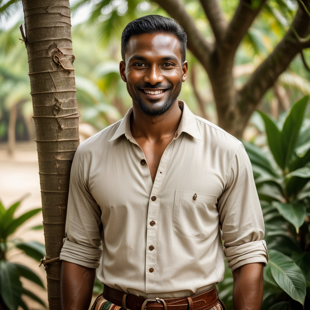 a tall and slender man with dark skin. sharp face, long, narrow eyes, a straight nose, and thin lips. charming smile. wears traditional hunter's clothing, which consists of a round-necked shirt, a sarong wrapped around his waist, and loose-fitting pants.