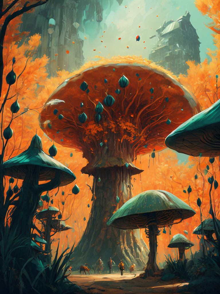 nature, high resolution, very detailed, crowded aliens, weird plants , unrealistic trees, trippy, big colored mushrooms, hallucination, bright colors, surrealism