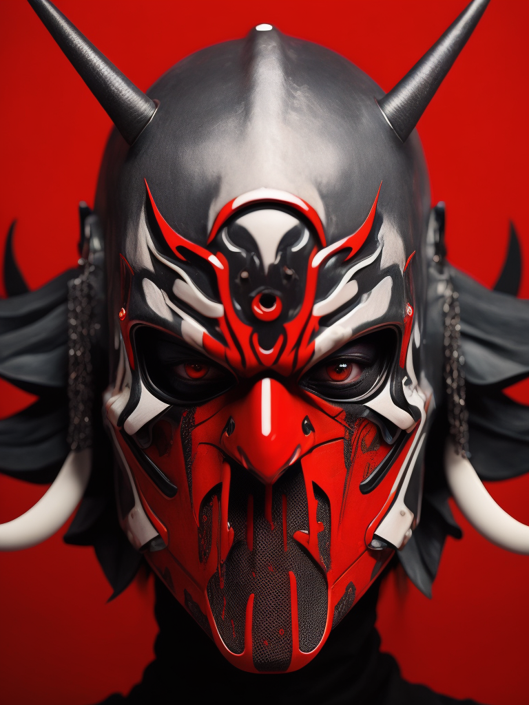 The hannya Samurai cyberpunk porcelain mask, fashion photoshoot, liquid red background