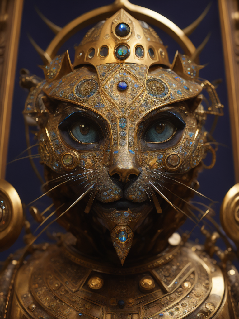 Masterpiece sculpture of an ornate bejeweled mechanical robot cat face, by annie swynnerton and diego rivera and nicholas roerich and jean delville, symbolist, dramatic lighting, god rays, elaborate geometric ornament, art brut, rich colors, smooth, sharp focus, extremely detailed, adolf wolfli and donato giancola