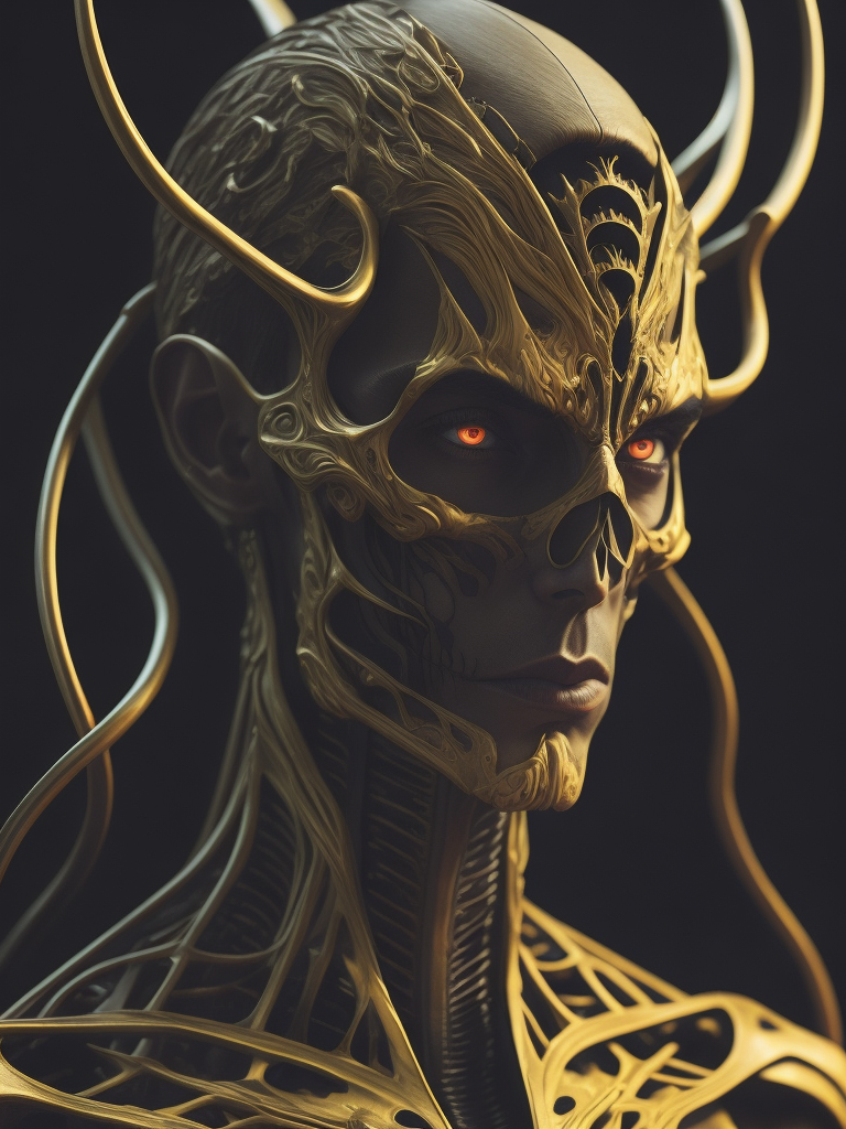 a close up of a person with a skeleton, digital art, inspired by tomasz alen kopera, psychedelic art, colorful muscular eldritch, james jean, highly detailed cybernetic body, hastur the king in yellow