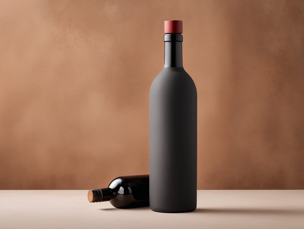 Botella de agua de 750 ml con forma de botella de vino tinto color negro mate sin etiquetas y tapa de corcho rústico textura de cristal cortado difuminada de abajo hacia arriba en Set minimalista fotográfico color terracota