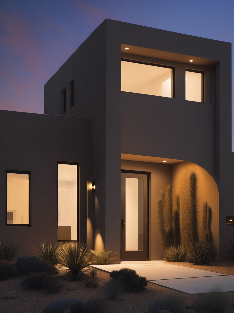 An architectural rendering of a minimal, geometric, curved, sculptural, stucco textured, tan desert abode, sand and clay facade with small carved window openings, wood accents, arched glass door opening, cactus, tumble weed, artificial lighting, desert landscaping, outdoor camp fire, located in Arizona during twilight, hazy horizon